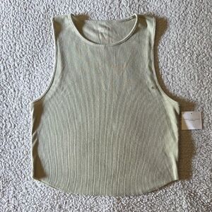 NWT AE Raw Cut Ribbed Cropped High Neck Sleeveless Tank Top In Sage Green